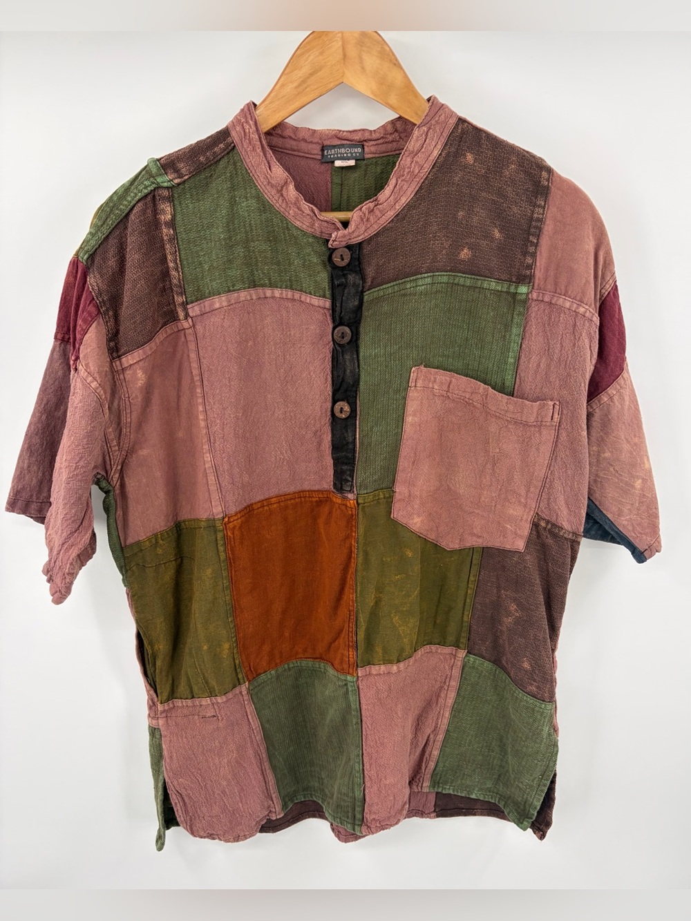 Earthbound Trading Co patchwork earth tone short sleeve camp shirt unisex L